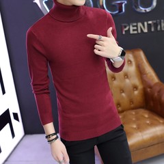 Korean male turtleneck sweater slim color in autumn and Winter Youth Lapel bottoming sweaters sweater students tide 3XL Claret