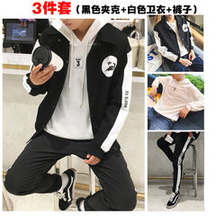 2017 young boys jacket coat in autumn in spring and autumn students relaxed all-match trend Korea handsome thin clothes 3XL The cat black + white sweater jacket + pants