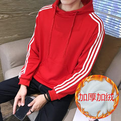 The reds with a deft hoodie coat male autumn winter autumn Korean students the spirit of social guy with long sleeves Clothing code is small, it is recommended to shoot a big code Three bar red Hoodie