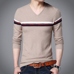 Men fall V neck long sleeved T-shirt shirt young Korean sweater slim size knitted sweater Mens Fashion 3XL Camel