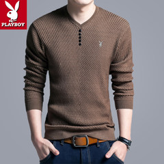Winter Youth Mens Long Sleeve T-Shirt plus velvet cotton knitted shirt collar V thick warm sweater slim. 185XXXL is suitable for less than 175-190 catties 2158 coffee color