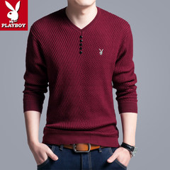 冬季青年男士长袖T恤加绒加厚V领纯棉针织打底衫韩版修身保暖毛衣 185XXXL适合175-190斤以下 2158红色