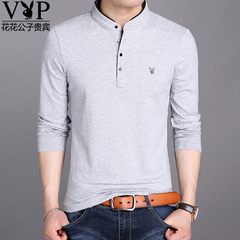 Dandy VIP in autumn and winter plus velvet collar men's Cotton Mens Long Sleeve T-Shirt thickened youth shirt L 8165 gray