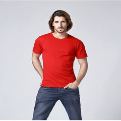 男士短袖t恤夏季纯色宽松圆领男T恤文化衫工作服支持来图定制汗衫 3XL 红色