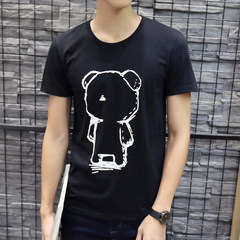 2017夏季男士短袖t恤圆领韩版修身印花青年大码半袖上衣男生潮流 XL(140-155斤) 短袖修身黑小熊