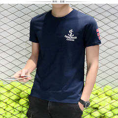The 2017 summer men's short sleeve t-shirt t-shirt stamp size Korean slim youth Short Sleeve Shirt Boys trend XL (140-155 Jin) Short sleeved navy ship's cat