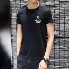 The 2017 summer men's short sleeve t-shirt t-shirt stamp size Korean slim youth Short Sleeve Shirt Boys trend XL (140-155 Jin) Short sleeved black boat cat