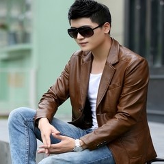 2017 spring and autumn season, New Youth leather clothes, men's suits, Korean version of self-cultivation business suit, trend leisure jacket 3XL 8828 light coffee + leather gloves or leather belts