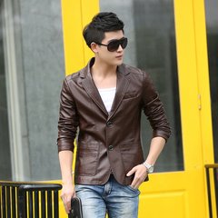 2017 spring and autumn season, New Youth leather clothes, men's suits, Korean version of self-cultivation business suit, trend leisure jacket 3XL 8828 deep coffee + leather gloves or leather belts