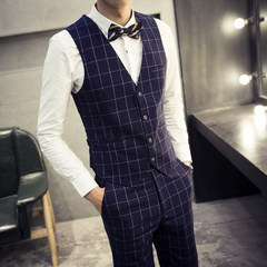 Men's three piece suit, slim shirt, hair stylist, plaid autumn suit, Korean style tide suit Ma Jianan Baby bow tie Zanglan