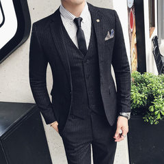 Suit suit, men's three piece set, self cultivation vertical stripe suit, bridegroom wedding dress, autumn British Korean Edition host 50 L spot Black - one button
