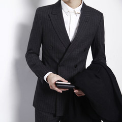 Han Guodong's double breasted suit door British male striped suit business men's suit suit two pieces 3XL black