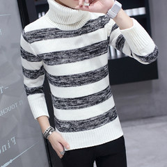 Young male Korean students in autumn and winter turtleneck collar sweater long striped sweater Mens thickening M white