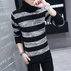 Young male Korean students in autumn and winter turtleneck collar sweater long striped sweater Mens thickening M black
