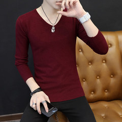 Every day, autumn sweater, male trend, personality, solid color, V collar, thin knitting, bottoming jacket, coat, male tide 3XL Wine red 608 sweater