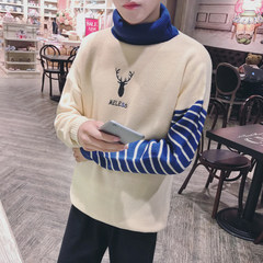 Hong Kong wind winter deer embroidery turtleneck sweaters color Korean turtleneck turtleneck sweater loose backing male students M Light yellow