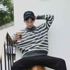 Japanese Pullover Sweater t-shirt men stripe loose backing autumn Korean knit thickened half collar M gray