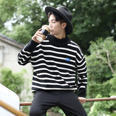 Japanese Pullover Sweater t-shirt men stripe loose backing autumn Korean knit thickened half collar M black