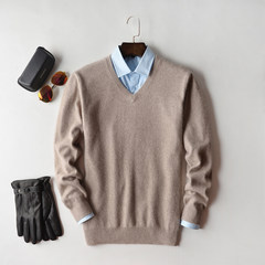 100% male pure cashmere sweater cashmere turtleneck collar young men fall V backing knitted cardigan sweater S V collar Beige