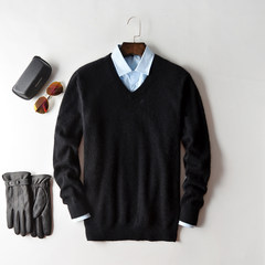 100% male pure cashmere sweater cashmere turtleneck collar young men fall V backing knitted cardigan sweater S V collar black