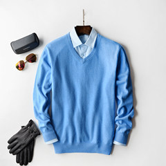 100% male pure cashmere sweater cashmere turtleneck collar young men fall V backing knitted cardigan sweater S Wathet