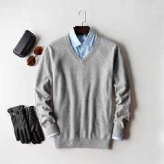 100% male pure cashmere sweater cashmere turtleneck collar young men fall V backing knitted cardigan sweater S V collar light grey