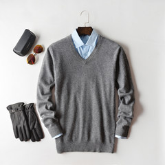 100% male pure cashmere sweater cashmere turtleneck collar young men fall V backing knitted cardigan sweater S V collar grey