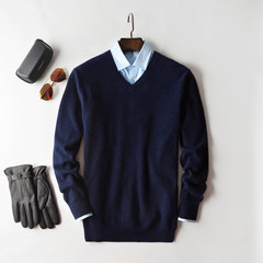 100% male pure cashmere sweater cashmere turtleneck collar young men fall V backing knitted cardigan sweater S V collar blue
