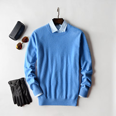 100% male pure cashmere sweater cashmere turtleneck collar young men fall V backing knitted cardigan sweater S Round neck light blue