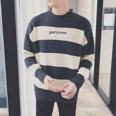 The fall of the new alphabet embroidery striped sweater Korean Men T-shirt Sweater Jacket Mens slim sleeve head tide M black
