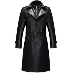 Haining knee Lapel feather leather windbreaker winter men's casual wear long coats leather jacket XL 170/M Black velvet