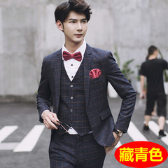 Plaid suit male suit three pieces groom wedding dress clothing leisure slim suit British wind in autumn and winter. 50/L (suit + pants) Tibet Navy