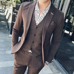Groom's suit, men's wedding dress, three pieces of Korean version of young dress, self-cultivation small suit, handsome students S [full suit] Small aircraft coffee color