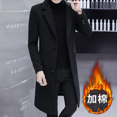 Dandy coat in the long section of Korean men's wool coat winter handsome knee woolen coat 2017 XL/175 Black 617 cotton