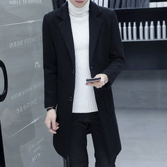 Dandy coat in the long section of Korean men's wool coat winter handsome knee woolen coat 2017 XL/175 Black -6808 pocket bag