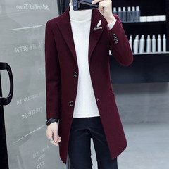 Dandy coat in the long section of Korean men's wool coat winter handsome knee woolen coat 2017 XL/175 Wine red -868 feather