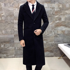 Korean winter long handsome men's windbreaker long paragraph knee coat woolen coat business students 3XL black