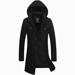 Men's hooded windbreaker with Korean cultivating long sections of thick woolen cashmere coat handsome new coat 3XL black