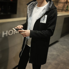 2017 new male windbreaker long section of Korean students with thick winter coat cashmere tide male slim youth 3XL F115 Black Cashmere