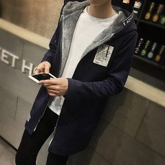 2017 new male windbreaker long section of Korean students with thick winter coat cashmere tide male slim youth 3XL F115 plus blue velvet