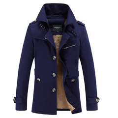 Autumn and winter of Korean men's cotton casual coat in men's long coats and cashmere coat thick tide 3XL Navy Blue