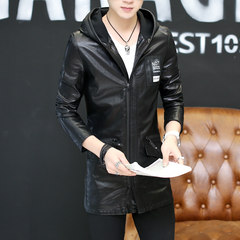 Leather man in the long autumn winter youth PU thin leather jacket locomotive, handsome Korean style handsome windbreaker coat tide L (105-120) Jin 619 black