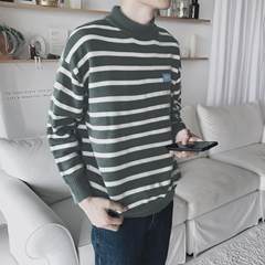 The square little menswear winter Men T-shirt stripe knit Pullover Korean loose small fresh coat M Grey green