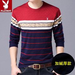 Winter and autumn Playboy T-shirt with long sleeves, pure cotton, medium and young men, round neck, cashmere, thickening, T-shirt, stripe knitted bottoming shirt 180 [155 to 175 Jin] 106 red wine with velvet