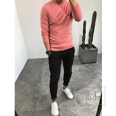 2017 new winter T-shirt sleeve head man knit sweater long sleeved bottoming fashion nine flat wind 3XL Pink