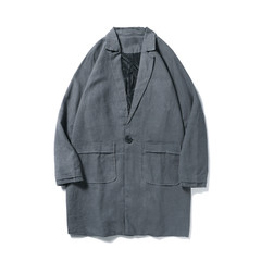 Japanese Hitz pure linen jacket long sleeved casual and relaxed in the long section of men's windbreaker jacket tide M gray
