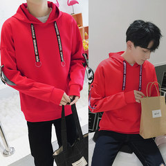 Male hooded Pullover Sweater in autumn and Winter Youth trend of Korean loose coat plus velvet long sleeved clothes 3XL 1711 red +1712 red