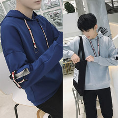 Male hooded Pullover Sweater in autumn and Winter Youth trend of Korean loose coat plus velvet long sleeved clothes 3XL 1711 blue +1712 ash