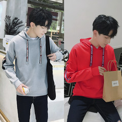 Male hooded Pullover Sweater in autumn and Winter Youth trend of Korean loose coat plus velvet long sleeved clothes 3XL 1711 ash +1712 red