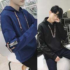 Male hooded Pullover Sweater in autumn and Winter Youth trend of Korean loose coat plus velvet long sleeved clothes 3XL 1711 blue +1712 black